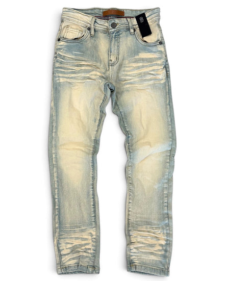 Light-wash distressed denim jeans with a faded cream and blue colorway, shown flat against a white background.