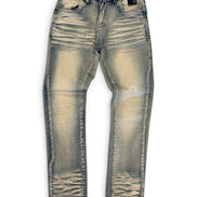 Distressed light-wash blue jeans with heavy fading, whiskering, and horizontal frayed detailing on the legs, shown flat against a white background.