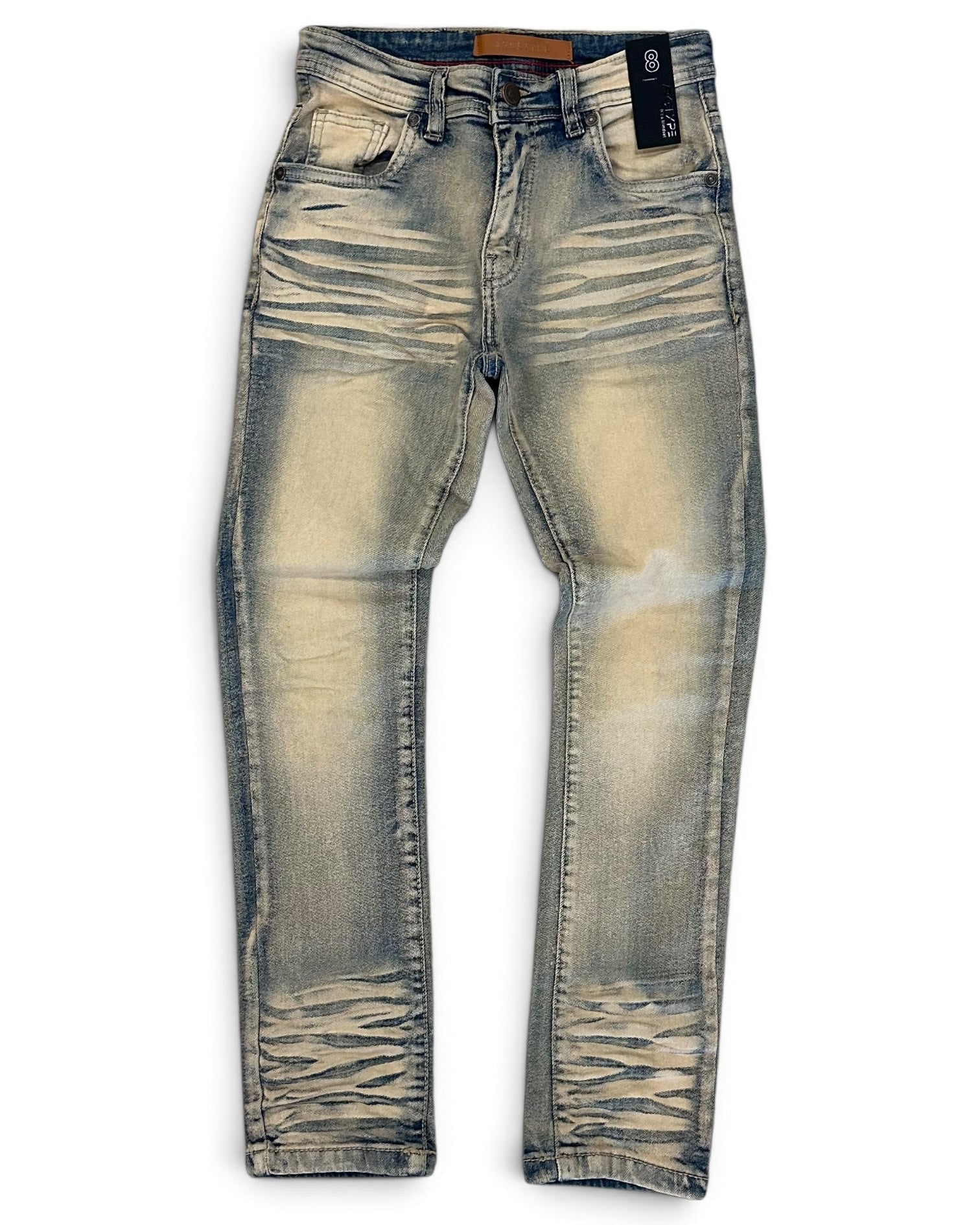Distressed light-wash blue jeans with heavy fading, whiskering, and horizontal frayed detailing on the legs, shown flat against a white background.