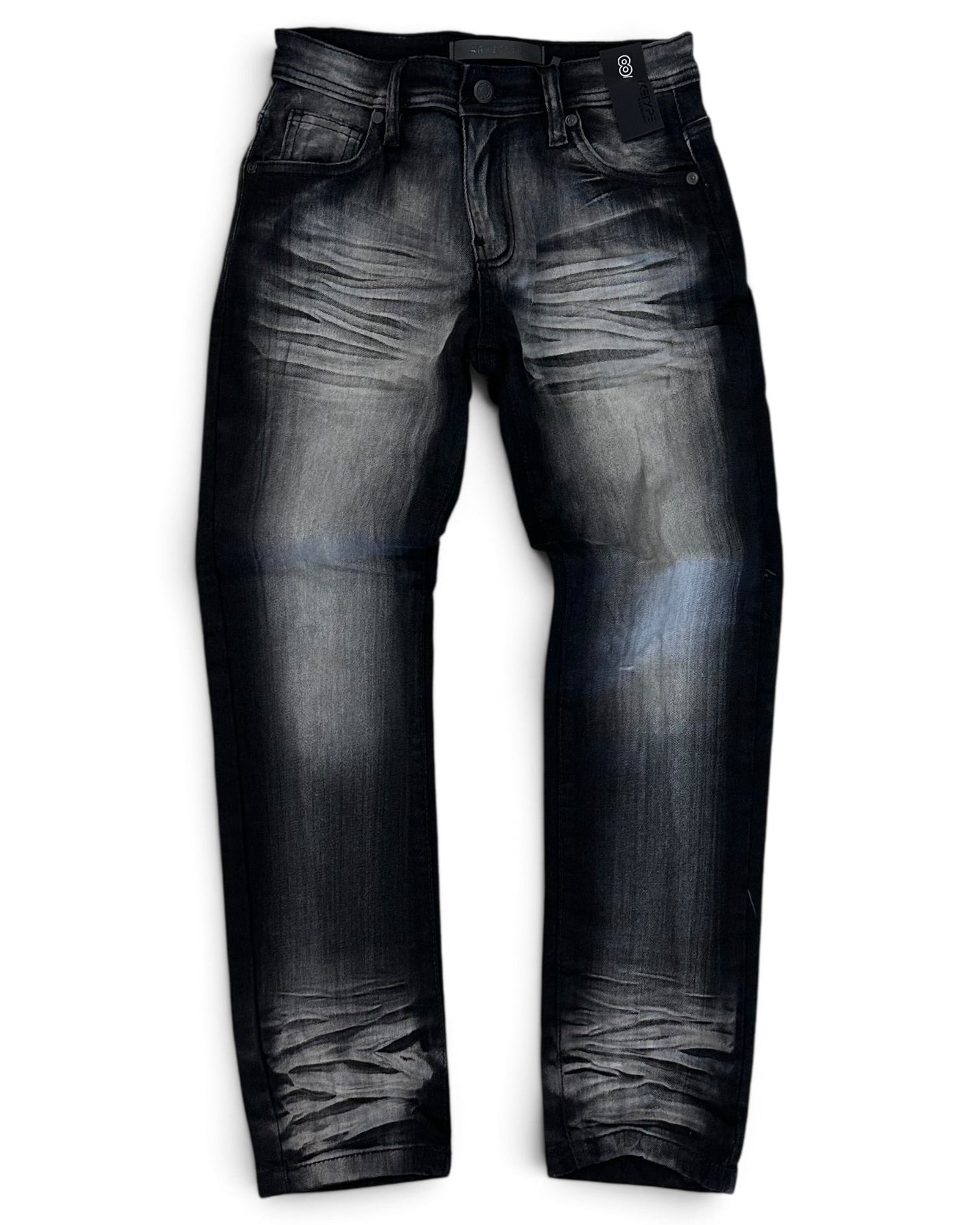 A pair of dark gray to black faded denim jeans with a heavily distressed and whiskered wash, shown flat against a white background.
