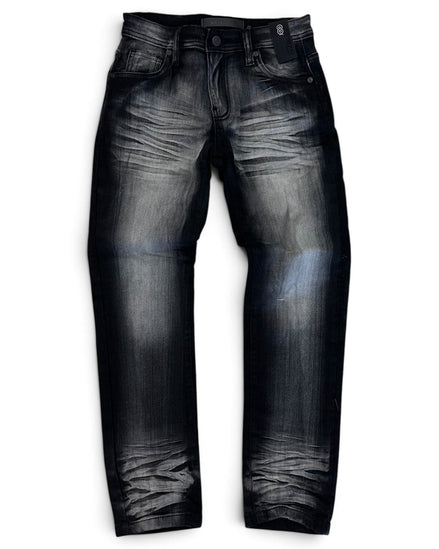 A pair of dark gray to black faded denim jeans with a heavily distressed and whiskered wash, shown flat against a white background.