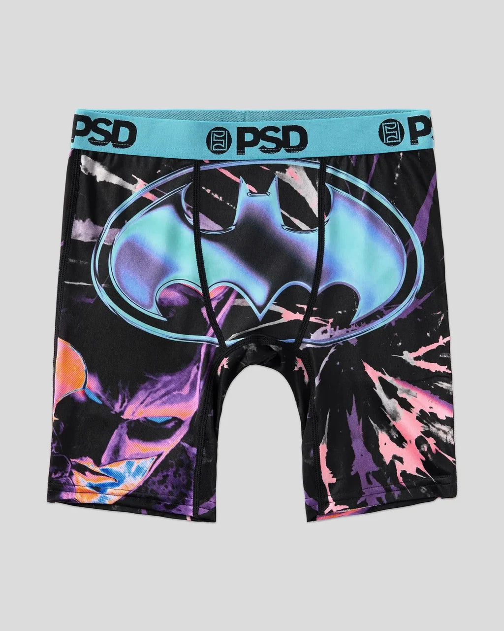 Batman-themed underwear with colorful design on a gray background