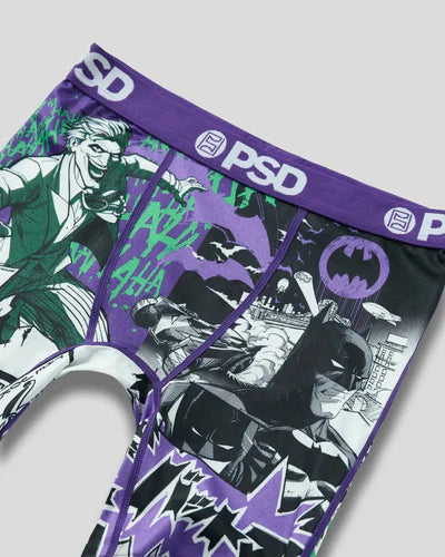 Boxer briefs with superhero design and 'PSD' branding on a gray background