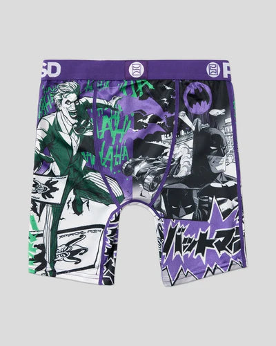 Comic-themed underwear with superhero characters on a gray background