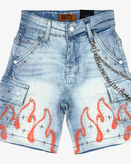 Denim shorts with embellishments and orange designs on a white background