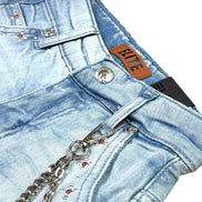 Light blue denim shorts with a chain detail and visible brand label on a white background
