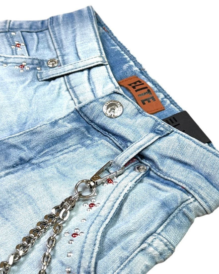 Light blue denim shorts with a chain detail and visible brand label on a white background