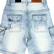 Light blue denim shorts with embellishments on a white background