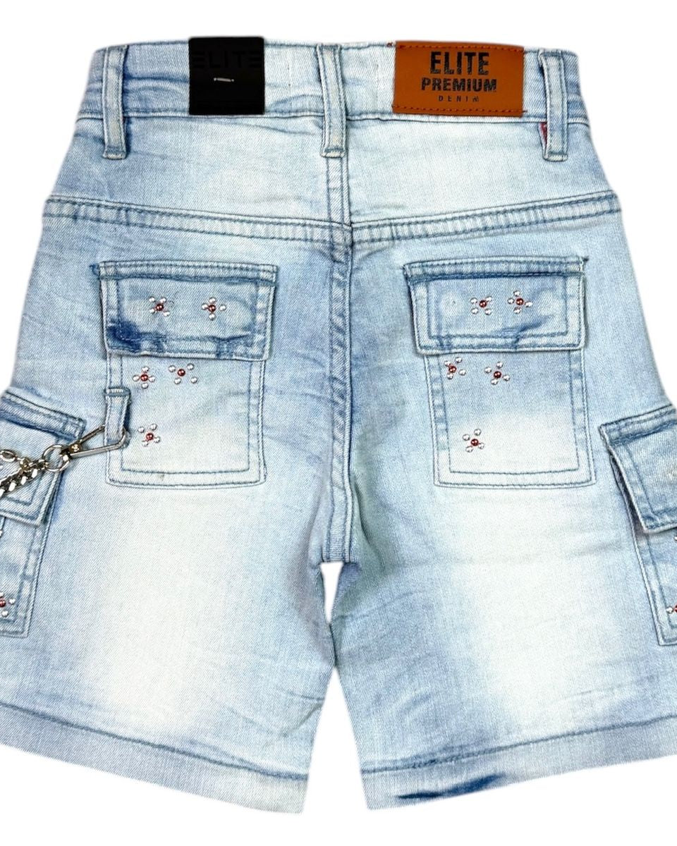 Light blue denim shorts with embellishments on a white background