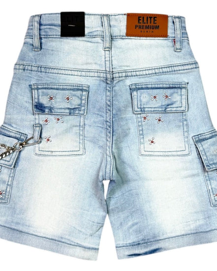 Light blue denim shorts with embellishments on a white background