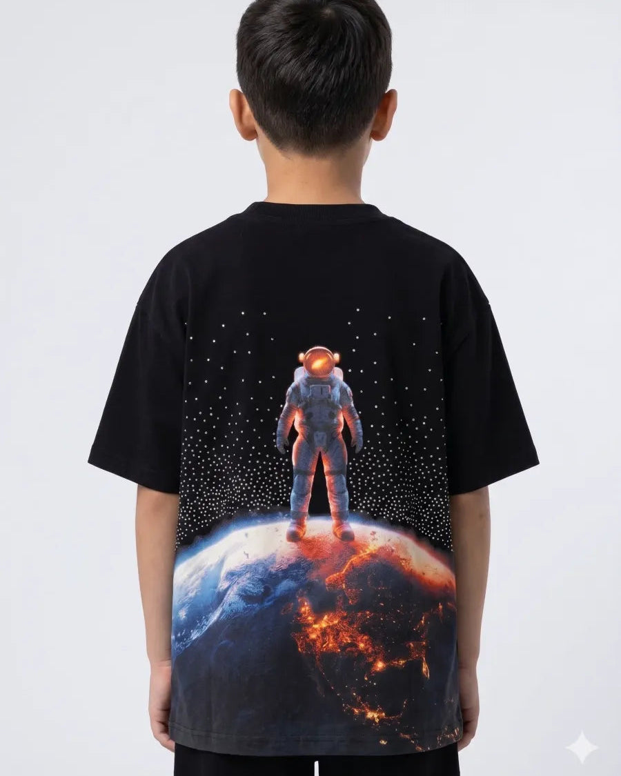 Black t-shirt with an astronaut on a planet design, worn by a person against a white background