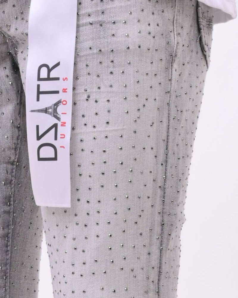 Gray pants with a visible brand label on a white background