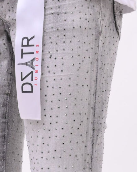 Gray pants with a visible brand label on a white background