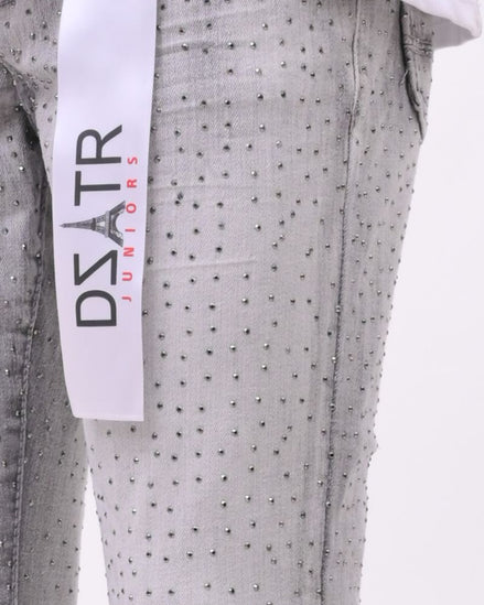 Gray pants with a visible brand label on a white background