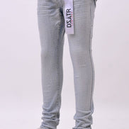 Light blue jeans with a brand tag on a white background