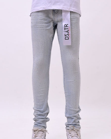 Light blue jeans with a visible brand label on a white background