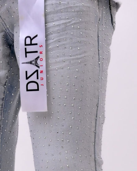 Gray pants with rhinestone details and a visible brand label on a white background