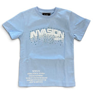 A light blue short-sleeve t-shirt with a graphic print on the front. The graphic features the word 'INVASION' in white arched letters with a dotted outline effect and 'ENGLAND' underneath in smaller white text.