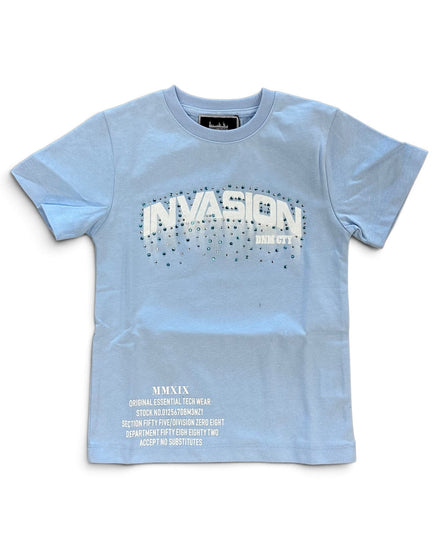 A light blue short-sleeve t-shirt with a graphic print on the front. The graphic features the word 'INVASION' in white arched letters with a dotted outline effect and 'ENGLAND' underneath in smaller white text.