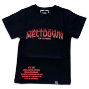A black short-sleeve t-shirt with a red graphic print reading 'MELTDOWN ON SUNSET' across the chest, plus smaller red text near the lower left hem, shown on a plain white background.