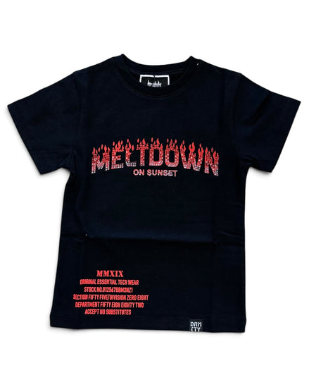 A black short-sleeve t-shirt with a red graphic print reading 'MELTDOWN ON SUNSET' across the chest, plus smaller red text near the lower left hem, shown on a plain white background.