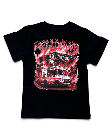 A black short-sleeve t-shirt with a large graphic print on the front featuring a red and white food truck under a 'Hollywood' sign, with 'DENIM CTY' written in stylized red letters above.