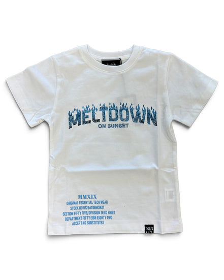 A white short-sleeve t-shirt with a blue graphic print reading 'MELTDOWN ON SUNSET' across the chest and smaller blue text printed near the lower left hem.