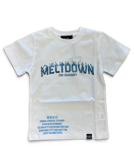 A white short-sleeve t-shirt with a blue graphic print reading 'MELTDOWN ON SUNSET' across the chest and smaller blue text printed near the lower left hem.