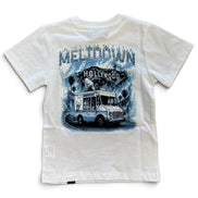 A white short-sleeve t-shirt with a large graphic print on the back featuring the text 'MELTDOWN' and 'HOLLYWOOD' above an illustration of a vintage ice truck.