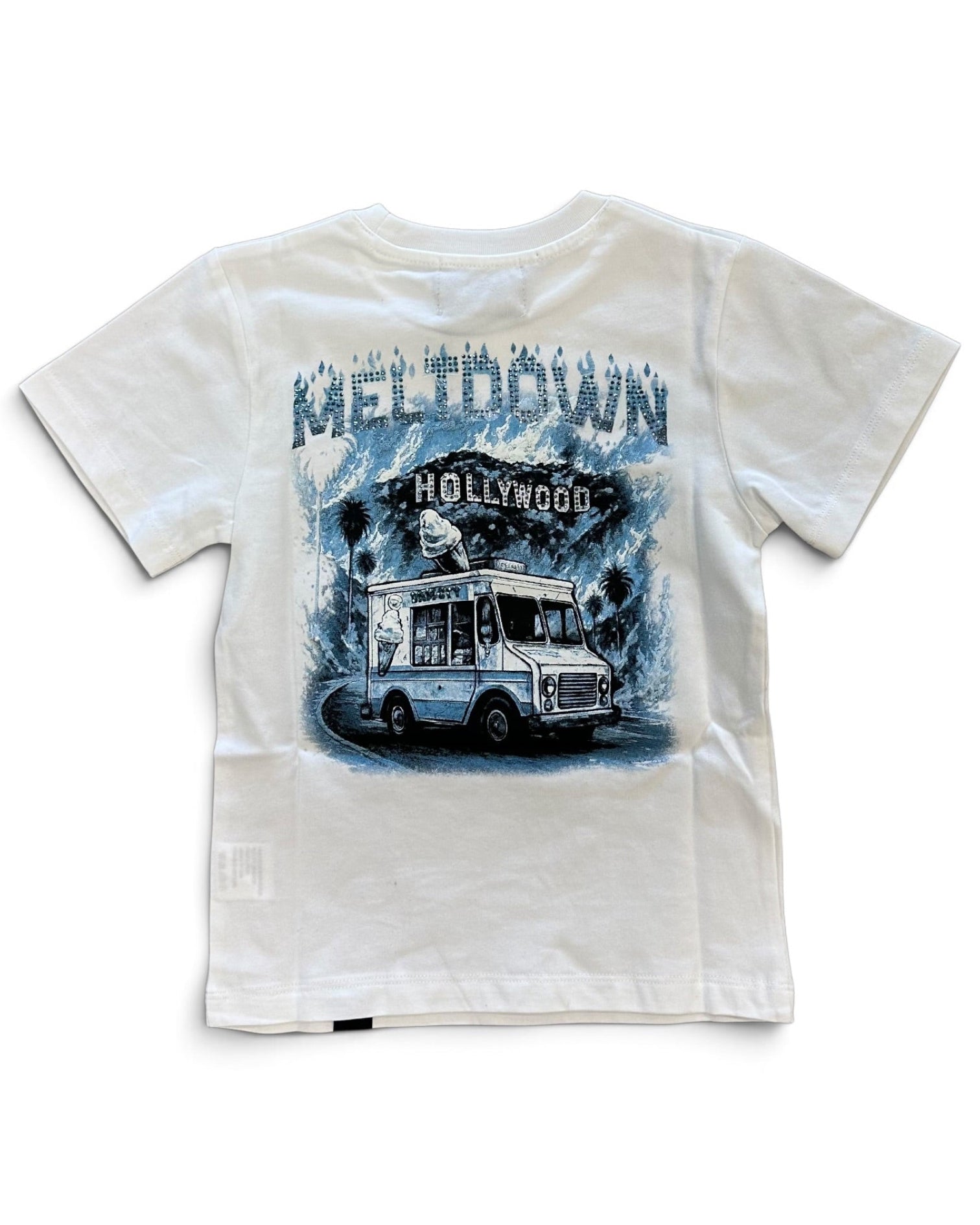 A white short-sleeve t-shirt with a large graphic print on the back featuring the text 'MELTDOWN' and 'HOLLYWOOD' above an illustration of a vintage ice truck.