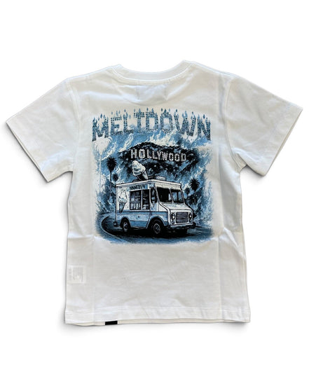 A white short-sleeve t-shirt with a large graphic print on the back featuring the text 'MELTDOWN' and 'HOLLYWOOD' above an illustration of a vintage ice truck.