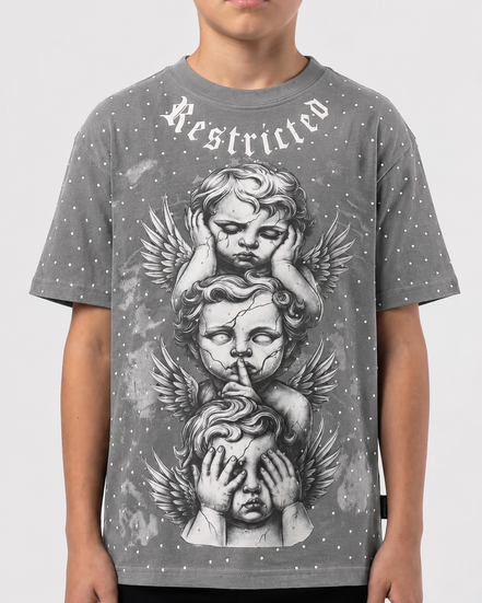 Child wearing a gray t-shirt with angel graphic and 'Restricted' text on a white background