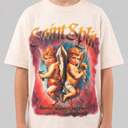 Person wearing a t-shirt with 'Saint Split' design featuring two cherubs on a gray background