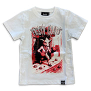 A white short-sleeve crewneck t-shirt featuring a large graphic print of a cartoon animal character in a red boxing outfit, with the text 'FIESTY GOATS' above it. The shirt is laid flat against a white background.