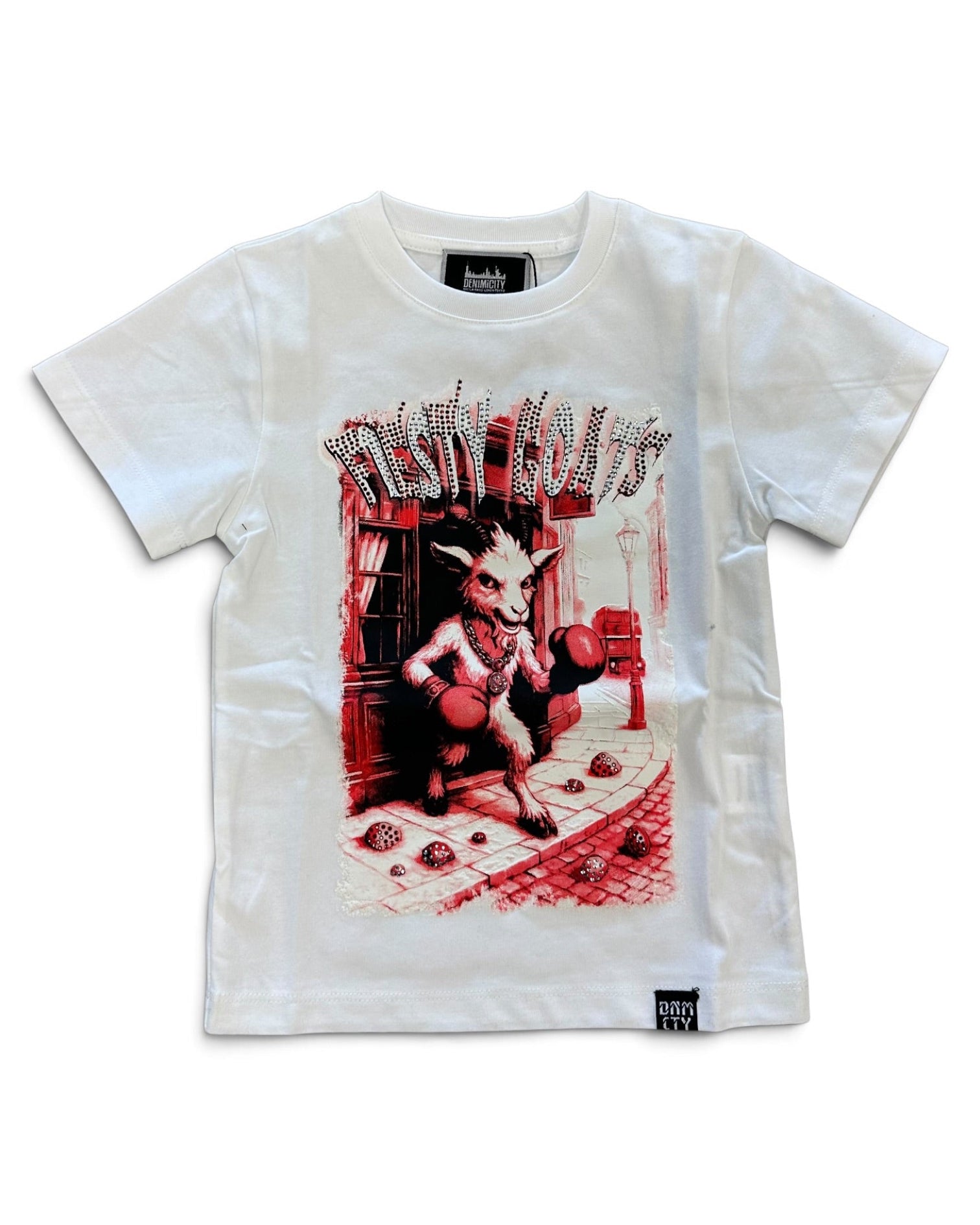 A white short-sleeve crewneck t-shirt featuring a large graphic print of a cartoon animal character in a red boxing outfit, with the text 'FIESTY GOATS' above it. The shirt is laid flat against a white background.