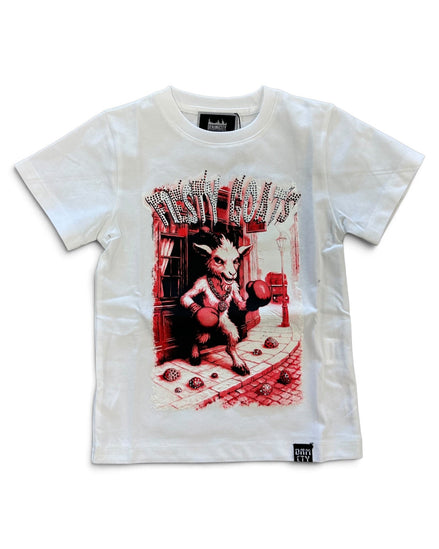 A white short-sleeve crewneck t-shirt featuring a large graphic print of a cartoon animal character in a red boxing outfit, with the text 'FIESTY GOATS' above it. The shirt is laid flat against a white background.