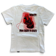 A white short-sleeve t-shirt shown flat against a white background, featuring a red and black graphic of a boxing glove with the text 'DENIM CTY' and 'FROM SHEEP TO GOATS' printed on the back.