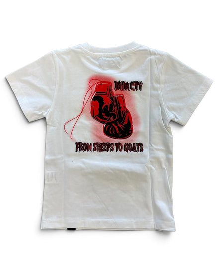 A white short-sleeve t-shirt shown flat against a white background, featuring a red and black graphic of a boxing glove with the text 'DENIM CTY' and 'FROM SHEEP TO GOATS' printed on the back.
