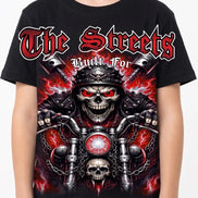 Black t-shirt with a graphic design featuring skulls and the text 'The Streets Built For' on a white background.