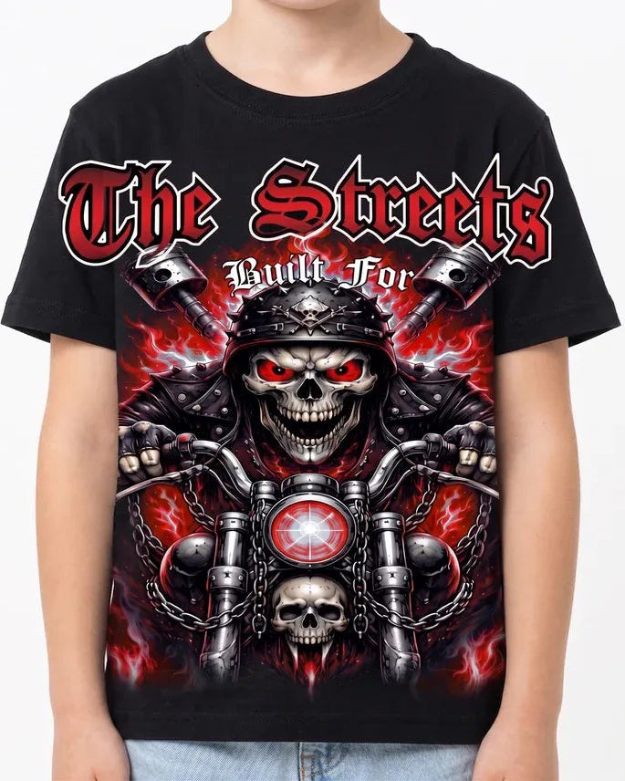 Black t-shirt with a graphic design featuring skulls and the text 'The Streets Built For' on a white background.