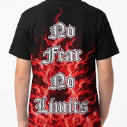 Black t-shirt with red flames and white text on a plain background