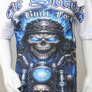 T-shirt with a skull and mechanical design on a mannequin against a gray background