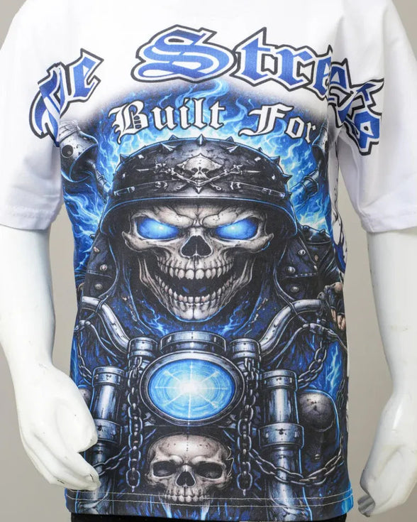 T-shirt with a skull and mechanical design on a mannequin against a gray background