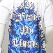 T-shirt with blue flame design and 'No Fear No Limits' text on a mannequin against a gray background