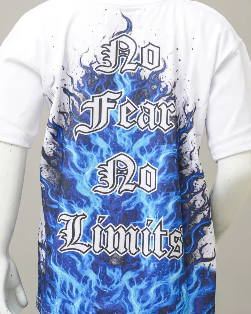 T-shirt with blue flame design and 'No Fear No Limits' text on a mannequin against a gray background