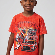 Child wearing a red graphic t-shirt with a car design on a plain background