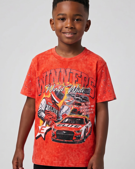 Child wearing a red graphic t-shirt with a car design on a plain background