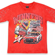 Red t-shirt with race car graphic and text on a white background