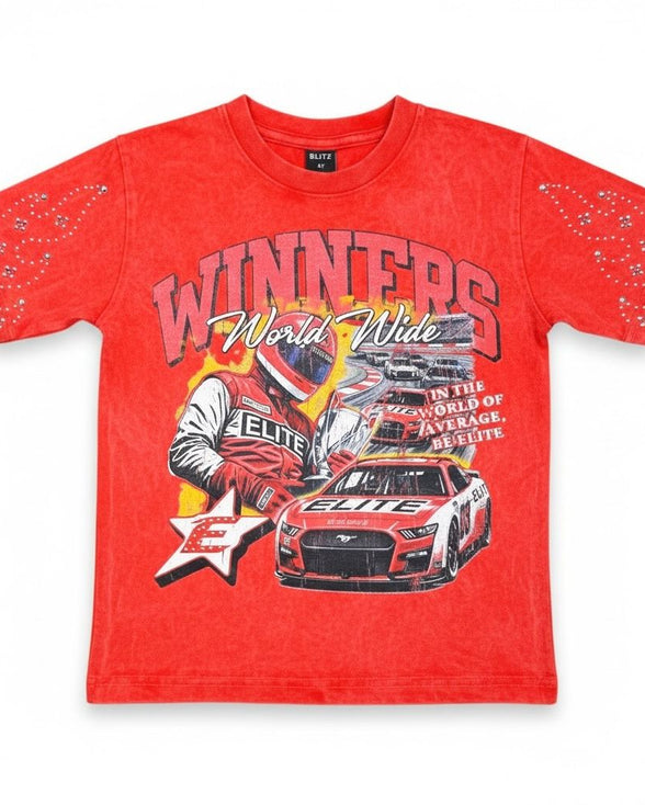Red t-shirt with race car graphic and text on a white background