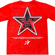 Red t-shirt with a star graphic and text on a white background